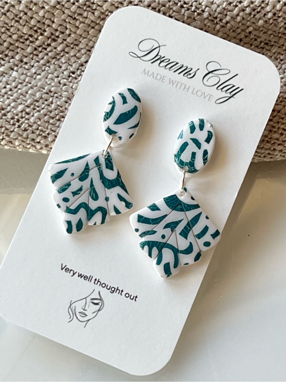 Teal & White Patterned Dangle Earrings